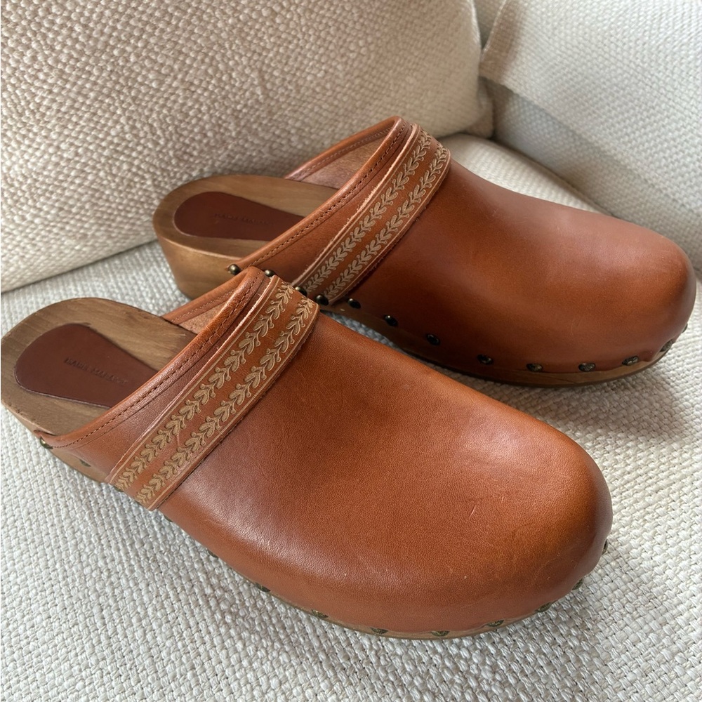 Isabel Marant Thaile Brown Leather Embroidered and Studded Clogs